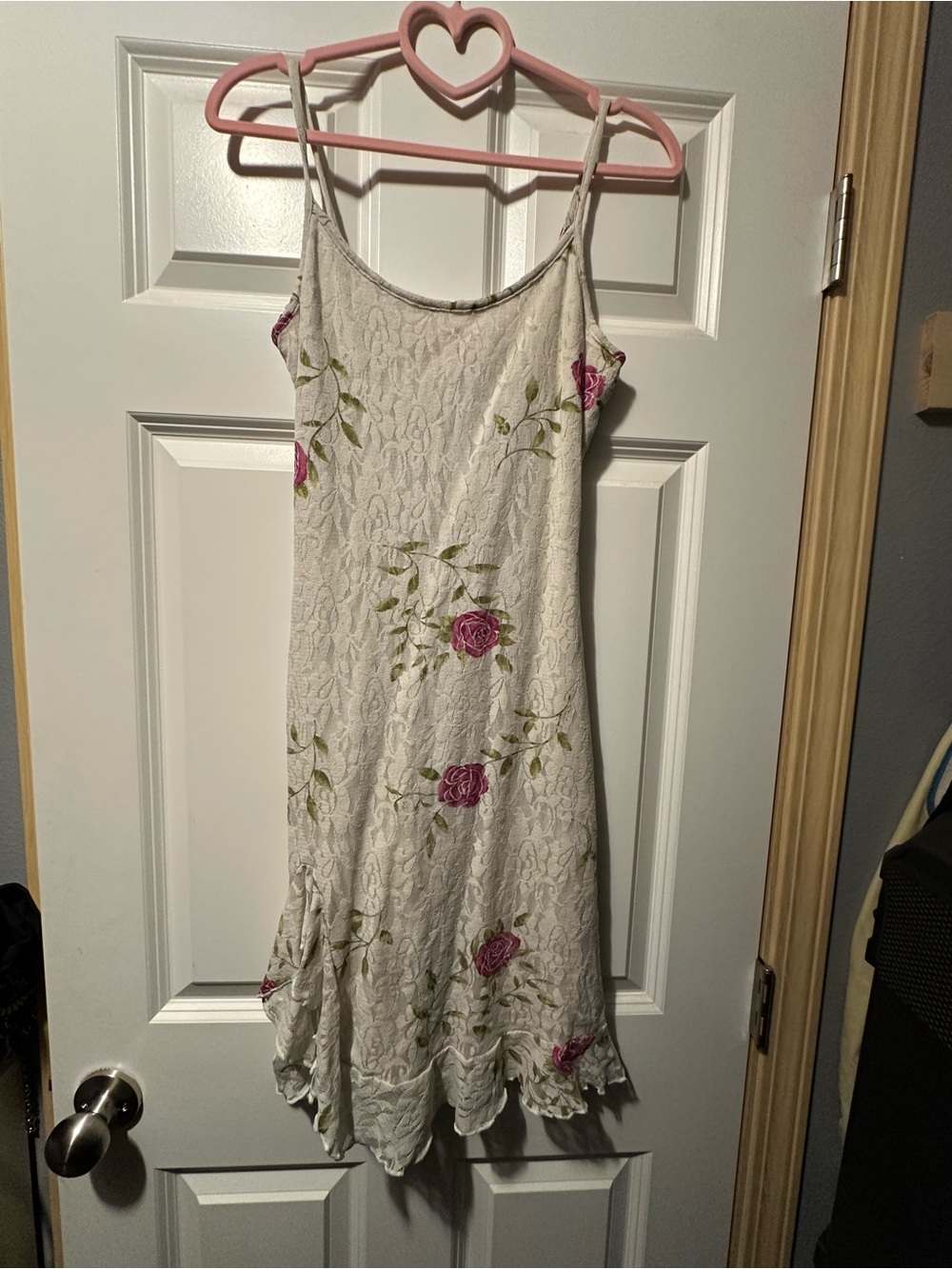 Cream Lace Midi Slip Dress with Pink Rose Embroidery